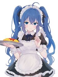  1girl ahoge apron black_bow blue_eyes bow bushamaru commentary_request food highres holding holding_tray ketchup looking_at_viewer maid maid_apron maid_headdress mushoku_tensei omelet omurice roxy_migurdia solo tray twintails white_background 
