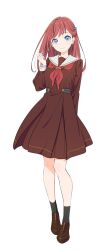  1girl arm_behind_back black_socks blue_eyes brown_dress brown_shoes clenched_hand closed_mouth dress full_body hair_ornament half_updo hand_up hasu_no_sora_school_uniform highres iizuka_haruko kinjou_maika link!_like!_love_live! loafers long_hair long_sleeves looking_at_viewer love_live! medium_dress official_art pleated_dress red_hair sailor_collar sailor_dress school_uniform shoes simple_background smile socks solo standing tachi-e transparent_background white_sailor_collar winter_uniform 