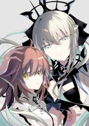  2girls ahoge black_bow black_dress black_tiara blue_eyes bow braid commentary_request dress fate/grand_order fate_(series) fujimaru_ritsuka_(female) hair_between_eyes hair_bow half_up_braid kauderni01356 long_hair long_sleeves looking_at_viewer morgan_le_fay_(fate) morgan_le_fay_(third_ascension)_(fate) multiple_girls orange_hair ponytail short_hair simple_background spikes tiara very_long_hair white_hair yellow_eyes 