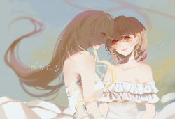  2girls bare_shoulders blonde_hair breasts brown_eyes brown_hair closed_mouth clouds collarbone commentary_request dress elbow_gloves from_side gloves hair_between_eyes highres light_blush light_smile lips long_hair looking_at_another medium_breasts medium_hair misaka_mikoto multiple_girls pink_lips shokuhou_misaki short_sleeves sleeveless sleeveless_dress strapless strapless_dress toaru_kagaku_no_railgun toaru_majutsu_no_index upper_body white_dress white_gloves yellow_eyes youlili 