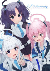  3girls absurdres aqua_necktie black_gloves black_jacket black_suit blue_archive blue_eyes blue_hair blue_necktie breasts collared_shirt commentary_request gloves hair_between_eyes hair_ornament half_gloves halo headgear headphones highres jacket koyuki_(blue_archive) large_breasts light_blush long_hair long_sleeves looking_at_viewer mechanical_halo mikishiro multiple_girls necktie noa_(blue_archive) open_clothes open_jacket open_mouth pink_eyes pink_halo purple_hair school_uniform shirt sidelocks simple_background smile suit triangle_hair_ornament two-sided_fabric two-sided_jacket two_side_up upper_body v very_long_hair violet_eyes white_background white_hair white_halo white_jacket white_shirt white_suit yuuka_(blue_archive) 