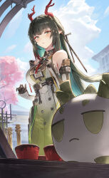  1girl arknights arknights:_endfield bare_shoulders black_gloves black_hair breasts colored_inner_hair commentary cotta_(heleif) dragon_bean_(arknights) dragon_horns eastern_dragon_horns gloves green_eyes green_hair hands_up highres horns light_blush long_hair looking_at_object medium_breasts multicolored_hair outdoors parted_lips pointy_ears red_horns sidelocks solo untranslatable_commentary zhuang_fangyi_(arknights) 
