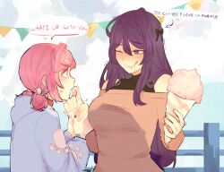  2girls anger_vein black_bow black_shirt blood blood_on_hands blue_hoodie blush bow breasts closed_mouth commentary dress english_commentary english_text freckles hair_between_eyes hair_bow hair_intakes hair_ornament hairclip half_updo heart heart-shaped_pupils height_difference highres holding_another's_wrist hood hood_down hoodie injury large_breasts long_hair long_sleeves low_twintails multiple_girls nail_polish natsuki_(doki_doki_literature_club) off-shoulder_dress off_shoulder one_eye_closed pink_hair purple_hair raised_eyebrow shirt short_hair sidelocks smile symbol-shaped_pupils tongue tongue_out trembling turtleneck twintails undershirt very_long_hair yuri yuri_(doki_doki_literature_club) yuriboiolita 