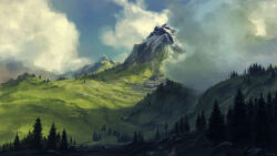  absurdres blue_sky clouds commentary day dirt_road english_commentary fog highres hill landscape mountain no_humans original outdoors painterly painting_(medium) philipp_urlich pine_tree road scenery sky sunlight traditional_media tree 