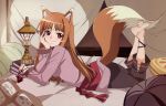  animal_ears anklet barefoot bed blush book brown_hair chin_rest feet highres holo jewelry lantern long_hair lying official_art on_stomach pillow pouch red_eyes sadakata_kikuko sash scan smile soles solo spice_and_wolf tail wolf_ears wolf_tail 