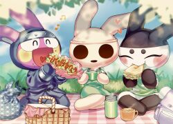  1girl 2boys :d animal_crossing backpack bag black_sash blue_kimono blue_pants blush closed_eyes coco_(animal_crossing) coffee_mug commentary_request cup dress eating food food_on_face furry furry_female furry_male genji_(animal_crossing) grass green_dress green_shirt heart highres holding holding_cup holding_food hollow_eyes hot_dog indian_style japanese_clothes kimono leaf long_sleeves mug multiple_boys musical_note ninja on_ground open_mouth pants patterned_clothing picnic_basket picnic_blanket rabbit_boy rabbit_girl sandwich sash seiza shirt short_kimono short_sleeves shorts sitting sky smile snake_(animal_crossing) steam thermos white_shirt white_shorts x_pape yokozuwari 