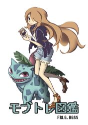  1girl beauty_(pokemon) black_jacket brown_hair commentary_request full_body hair_over_one_eye ivysaur jacket long_hair luxury_ball open_mouth poke_ball pokemon pokemon_(creature) pokemon_firered_and_leafgreen pokemon_heartgold_and_soulsilver red_eyes saboteri_(savot) sharp_teeth simple_background smile teeth white_background 