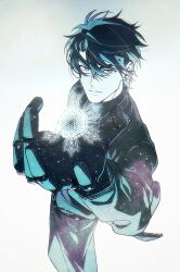  1boy black_hair black_jacket black_pants commentary_request earrings foreshortening from_above green_eyes highres holding jacket jewelry kainocan looking_at_viewer magic_circle male_focus mechanical_hands messy_hair pants robo_frostor serious simple_background skoshism snowflake_print snowflakes stud_earrings virtual_youtuber 