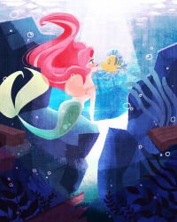  1boy 1girl air_bubble ariel_(disney) bag bikini blue_eyes blush bubble commentary_request coral fish flounder flounder_(the_little_mermaid) from_behind green_tail hair_flowing_over highres light_rays looking_at_another mast merfolk mermaid monster_girl naco_oekaki ocean seafloor seaweed shell shell_bikini ship shipwreck smile swimsuit the_little_mermaid_(disney) underwater watercraft wreckage 