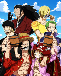  6+boys bandana bare_pectorals black_hair black_shirt blonde_hair blue_sky cigarette clouds collarbone commentary_request cosplay costume_switch crossed_arms cup facial_hair goatee gol_d._roger green_hair grin handlebar_mustache hat highres holding holding_cup jacket monkey_d._luffy multiple_boys musasabiop mustache necktie one_piece pectorals pirate_costume pirate_hat red_jacket roronoa_zoro sanji_(one_piece) scar scar_on_chest scopper_gaban shirt silvers_rayleigh sky smile smoking straw_hat sunglasses white_necktie yellow_shirt 