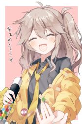  1girl :d alt_text antenna_hair black_shirt blush border brown_hair closed_eyes collared_shirt commentary_request double-parted_bangs facing_viewer fang hair_between_eyes heart highres jacket kasukabe_tsumugi long_hair loose_necktie mani_(manidrawings) mole mole_under_eye necktie one_side_up open_clothes open_jacket outside_border pink_background shirt sidelocks simple_background single_off_shoulder skin_fang smile solo upper_body voicevox white_border yellow_jacket yellow_necktie 