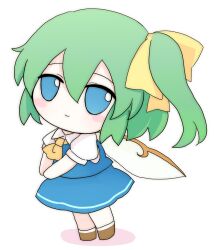  1girl ascot azuma_meri blue_eyes blue_skirt blue_vest blush_stickers brown_shoes chibi chibi_only closed_mouth collared_shirt commentary_request daiyousei double-parted_bangs fairy_wings full_body fumo_(doll) green_hair hair_between_eyes hair_ribbon highres looking_at_viewer one_side_up ribbon shirt shoes short_hair short_sleeves simple_background skirt skirt_set smile socks solo standing touhou vest white_background white_shirt white_socks wings yellow_ascot yellow_ribbon 