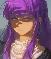  1girl absurdres blunt_bangs chinese_commentary closed_mouth commentary_request expressionless fern_(sousou_no_frieren) half_updo highres light_particles long_hair long_sidelocks narcisco portrait purple_hair shaded_face sidelocks solo sousou_no_frieren violet_eyes 
