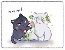  aichiroo animalization averting_eyes black_cat black_hair cat closed_mouth colored_tips english_text eyeliner feathers flower genshin_impact giving green_eyes green_hair hair_ornament heart heart_hair_ornament hetero holding holding_flower leaf leaf_hair_ornament looking_at_another makeup multicolored_hair nahida_(genshin_impact) no_humans open_mouth pink_flower pom_pom_(clothes) red_eyeliner scaramouche_(cat)_(genshin_impact) scaramouche_(genshin_impact) sitting streaked_hair string tareme tsurime violet_eyes whiskers white_background white_hair yellow_feathers 