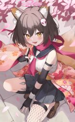  1girl absurdres animal_ear_fluff animal_ears black_gloves blue_archive blush commentary fox_ears fox_girl fox_tail gloves halo highres izuna_(blue_archive) kunai partially_fingerless_gloves pink_halo scarf skirt solo squatting tail thigh-highs weapon yellow_eyes yoshiharu_auf 