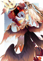  1other absurdres ambiguous_gender androgynous angel_wings armor artist_name blue_background body_markings brown_wings character_name chinese_commentary commentary_request creature crossed_arms cube english_text eye_symbol feathered_wings floating full_armor genshin_impact glowing gold_armor gradient_background gradient_wings halo head_wings highres leaning_to_the_side ljayu melanta_(genshin_impact) monster_boy multicolored_wings multiple_wings signature solo star_(symbol) upper_body wings 