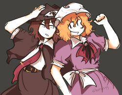  2girls absurdres artist_name belt black_capelet black_hat black_skirt blonde_hair bow bowtie brown_belt brown_hair capelet churros99 collared_dress collared_shirt commentary contrast_collar dress grey_background hand_on_headwear hat hat_bow highres looking_at_another maribel_hearn mob_cap multiple_girls open_mouth puffy_short_sleeves puffy_sleeves purple_bow purple_bowtie purple_dress ribbon-trimmed_shirt ribbon_trim sash shirt short_sleeves side-by-side skirt sleeve_cuffs standing textless_version thumbs_up touhou usami_renko white_bow white_hat white_sash white_shirt 