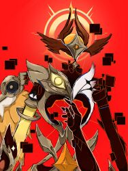  2others ambiguous_gender androgynous angel_wings arm_up armor brothers chinese_commentary colored_skin commentary_request creature cube diqiuyi30187 eye_symbol feathered_wings floating full_armor genshin_impact glowing gold_armor halo head_tilt head_wings highres looking_at_viewer melanta_(genshin_impact) monster_boy multicolored_skin multiple_others multiple_wings nihilita_(genshin_impact) orange_wings other_focus pov pov_hands reaching reaching_towards_another red_background red_wings siblings simple_background solo_focus star_(symbol) upper_body watcher_(genshin_impact) wings 