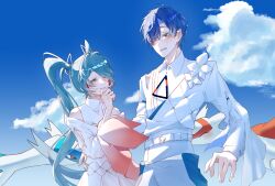  2boys 2girls aqua_eyes aqua_hair blue_eyes blue_hair blush closed_mouth clouds cloudy_sky collared_shirt commentary_request dragon hair_between_eyes hair_ornament hair_over_one_eye hatsune_miku highres holding_hands kaito_(vocaloid) latias latios long_hair long_sleeves looking_at_viewer mugen_no_ticket_(vocaloid) multiple_boys multiple_girls multiple_others open_mouth pants pokemon pokemon_(creature) project_voltage red_eyes shirt short_hair sky smile star_rrree vocaloid white_pants white_shirt wide_sleeves yellow_eyes 