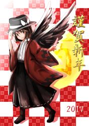  1girl 2017 adjusting_clothes adjusting_headwear black_hat black_skirt black_wings blush boots bow brown_boots brown_eyes brown_hair checkered_haori closed_mouth commentary_request feathered_wings feathers hair_bow haori happy_new_year hat hat_bow holding holding_feather japanese_clothes long_sleeves medium_hair minus_(sr_mineka) red_haori ribbon-trimmed_skirt ribbon_trim shirt shirt_tucked_in skirt smile solo standing touhou translation_request usami_renko white_shirt wide_sleeves wings 