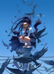  absurdres artist_name back_bow barefoot bird black_bird black_coat black_feathers black_hair bow bowtie cable chinese_commentary coat commentary_request dress feathers floating_hair frilled_sleeves frills highres holding holding_feather kamisaki_hikaru lava_indifferent layered_dress long_dress long_hair long_sleeves medalist_(manga) ponytail sky squatting staring toes utility_pole yellow_eyes 