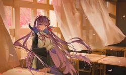  1girl absurdres amiably_02 bb_(fate) bb_(fate/extra) black_coat black_skirt cherry_blossoms chinese_commentary classroom closed_mouth coat commentary_request curtains desk fate/extra fate/extra_ccc fate/grand_order fate_(series) hair_ribbon highres indoors long_hair long_sleeves looking_at_viewer neck_ribbon petals pink_petals purple_hair red_ribbon ribbon school_desk shirt skirt smile solo violet_eyes white_shirt window 