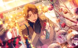 1boy bag black_gloves brown_coat brown_eyes brown_hair christmas christmas_lights christmas_ornaments christmas_tree coat game_cg gift gloves happy_elements helios_rising_heroes highres holding jay_kidman long_sleeves male_focus non-web_source official_art open_mouth paper_bag shopping_bag smile solo sparkle star_(symbol) teeth upper_body 
