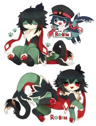  1other :3 :d absurdres animal_ears animal_nose aqua_fur blue_fur blue_hair blue_tail body_fur character_name closed_mouth dragon dragon_tail eastern_dragon_tail furry green_fur hat highres jejejunum lop_rabbit_ears multicolored_fur neck_fur original other_focus pawpads rabbit_ears red_eyes red_fur red_tail robin_(jejejunum) simple_background smile solid_oval_eyes solo tail white_background white_fur 