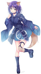  1girl absurdres animal_ears black_boots black_choker blue_hair blue_hoodie blue_kimono boots cho_kaguya-hime! choker colored_inner_hair commentary_request fishnet_thighhighs fishnets forehead_jewel fox_ears fox_girl fox_tail green_eyes highres hood hood_down hoodie japanese_clothes kimono multicolored_hair open_mouth sakayori_iroha short_hair simple_background single_thighhigh skindentation solo sousouman tail thigh-highs thigh_strap white_background 