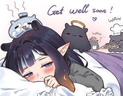  1girl baking_sheet black_hair blue_eyes chef_hat cold_pack commentary cookie cup food gradient_hair grey_sweater halo hat highres holding holding_cup hololive hololive_english ice ice_cube long_hair looking_at_viewer mug multicolored_hair ninomae_ina'nis orange_hair pointy_ears rie_ccat runny_nose sick snot sweater takodachi_(ninomae_ina'nis) tentacle_hair under_covers untranslatable_commentary used_tissue virtual_youtuber yellow_halo 