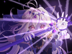  1girl antenna_hair black_bow black_dress black_necktie blonde_hair bow braid brooch commentary_request cure_arcana_shadow dress earrings fingernails gloves gradient_hair hair_between_eyes hair_intakes hair_ornament half_up_braid heart heart_brooch highres holding holding_rod jewelry long_hair looking_at_viewer magical_girl meitantei_precure! moria_luluka multicolored_hair nail_polish necktie ouni_56 pink_eyes pink_hair precure purple_nails purple_veil rod solo tear_arcana_rod thighs veil wand 