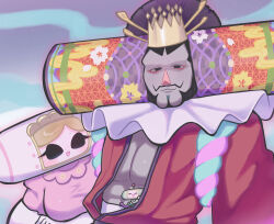  1girl 2boys :d antennae beard black_eyes blonde_hair blush chinstrap_beard closed_eyes colored_skin commentary_request crown elbow_gloves eyeliner facial_hair family gloves gold_crown grey_skin hair_ornament hair_stick highres japanese_clothes katamari_damacy kimono long_eyelashes long_sleeves makeup mini_person miniboy multiple_boys mustache narrowed_eyes neck_ruff once_upon_a_katamari open_clothes open_kimono pectorals pencil_mustache pink_shirt pointed_crown red_eyeliner red_kimono shirt sky smile star_(sky) starry_sky triangle_nose umm15 white_gloves 