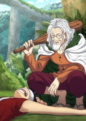 2boys beard cape closed_mouth club_(weapon) commentary_request facial_hair forest glasses highres holding holding_club holding_weapon long_sleeves lying male_focus monkey_d._luffy moss multiple_boys musasabiop nature old old_man on_back one_piece orange_shirt outdoors over_shoulder round_eyewear sandals scar scar_across_eye scar_on_face shirt silvers_rayleigh smile squatting tree weapon white_cape 