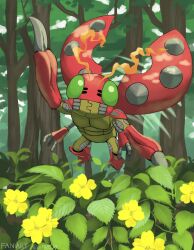  absurdres antennae branch bug carapace commentary_request digimon digimon_(creature) flower flying forest green_eyes highres insect_wings jira_(ziraiya26) leaf nature nettle no_humans outdoors red_carapace tentomon tree waving wings yellow_flower 