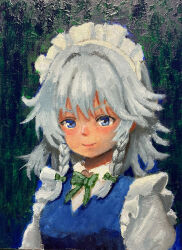  1girl absurdres blue_dress blue_eyes bow bowtie braid closed_mouth collared_shirt commentary_request dress green_bow green_bowtie grey_hair hair_bow highres itaojirou izayoi_sakuya looking_at_viewer maid maid_headdress oil_painting_(medium) painting_(medium) shirt smile solo touhou traditional_media twin_braids white_shirt 