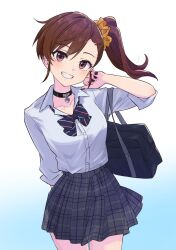  1girl :d aged_up arm_behind_back artist_collaboration b1ack_illust bag black_bow black_bowtie black_choker black_nails blue_background blue_bag blush bow bowtie breasts brown_eyes brown_hair choker collarbone collared_shirt colorized commentary cowboy_shot curled_fingers diagonal-striped_bow diagonal-striped_bowtie diagonal-striped_clothes dress_shirt eyelashes futami_mami gradient_background grey_skirt grin hair_ornament hair_scrunchie hand_on_own_face hand_up head_tilt highres holding holding_bag idolmaster idolmaster_(classic) long_hair long_sleeves looking_at_viewer loose_hair_strand medium_breasts nail_polish parted_lips pendant_choker plaid_clothes plaid_skirt pleated_skirt school_bag school_uniform scrunchie shirt side_ponytail sidelocks skirt sleeves_rolled_up smile solo splashab standing striped_bow striped_bowtie striped_clothes swept_bangs white_shirt yellow_scrunchie 