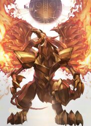  claws colored_skin duel_monster fire forehead_jewel highres no_humans open_mouth sharp_teeth spareribs standing tail teeth the_winged_dragon_of_ra the_winged_dragon_of_ra_-_sphere_mode wings yu-gi-oh! yu-gi-oh!_duel_monsters 