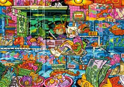 2girls absurdly_detailed_composition anglerfish animal animal_ears aquarium basket blue_eyes boots cat cat_ears cat_tail clam colorful commentary_request eyelashes eyepatch fish food food_art goldfish highres jinx88_(jinx) korean_text lobster money multiple_girls original ripples shell short_hair squid tail tako-san_wiener television tentacles translation_request white_boots white_hair 