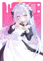  1girl absurdres alternate_costume angel_wings apron azusa_(blue_archive) black_dress blue_archive blush closed_mouth commentary crescent_halo crossed_bangs dress enmaided feathered_wings flower four-finger_heart_hands frilled_apron frilled_hairband frills hair_between_eyes hairband halo hands_up heart heart_hands highres juliet_sleeves long_hair long_sleeves looking_at_viewer low_wings maid maid_apron puffy_sleeves purple_flower raised_inner_eyebrows solo tyobis. violet_eyes white_apron white_hair white_wings wing_ornament wings yellow_halo 