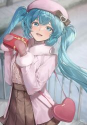  1girl ao_hoshi aqua_eyes aqua_hair artist_logo artist_name bag black_bow blurry blurry_background bow box brown_skirt center_frills coat commentary_request cowboy_shot crossed_bangs dot_nose frills fur-trimmed_coat fur_trim gift gift_box hands_up hat hat_bow hatsune_miku heart heart-shaped_bag highres holding holding_gift logo long_hair looking_at_viewer mittens open_mouth outdoors pink_bag pink_coat pink_mittens pleated_skirt railing shirt sidelocks skirt smile solo twintails valentine very_long_hair vocaloid white_coat white_shirt 
