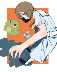  1girl a_vabo. blue_dress bob_cut border brown_hair brown_shoes commentary_request dress full_body gonzales_(love_live!) hasu_no_sora_school_uniform highres inverted_bob kachimachi_kosuzu koala_maneo link!_like!_love_live! loafers looking_at_viewer love_live! medium_dress neckerchief orange_background outside_border parted_lips pink_eyes pleated_dress puffy_short_sleeves puffy_sleeves sailor_collar sailor_dress school_uniform shadow shoes short_hair short_sleeves simple_background socks solo stuffed_dinosaur stuffed_koala summer_uniform virtual_youtuber white_border white_sailor_collar white_socks yellow_neckerchief 