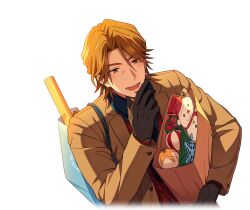  1boy bag black_gloves brown_eyes brown_hair brown_jacket cropped_torso food game_cg gift gloves happy_elements helios_rising_heroes holding holding_bag jacket jay_kidman long_sleeves male_focus non-web_source official_art open_clothes open_mouth paper_bag shirt shopping_bag smile solo transparent_background upper_body 