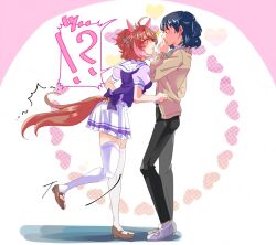  !? 2girls ahoge animal_ears bare_shoulders black_hair black_pants blush bow bowtie breasts brown_eyes brown_hair brown_jacket checkered_ribbon commentary_request dantsu_flame_(umamusume) ear_covers ear_ribbon female_trainer_(umamusume) hair_between_eyes horse_ears horse_girl horse_tail jacket large_breasts morimoru413 multicolored_hair multiple_girls open_clothes open_jacket open_mouth pants pleated_skirt puffy_short_sleeves puffy_sleeves purple_bow purple_bowtie purple_shirt sailor_collar sailor_shirt school_uniform shirt shoes short_sleeves skirt smile tail thigh-highs tracen_school_uniform trainer_(umamusume) umamusume white_hair white_sailor_collar white_shirt white_skirt white_thighhighs 