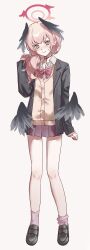  1girl absurdres bare_legs blue_archive blush bow bowtie commentary_request feathered_wings halo head_wings highres koharu_(blue_archive) long_hair looking_at_viewer low-tied_long_hair pink_eyes pink_hair red_bow red_bowtie red_halo school_uniform shirt skirt socks solo sweater upaninn white_shirt wings 