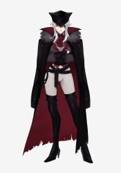  1girl belt black_coat black_gauntlets black_gloves black_hat boots coat crossed_arms eyepatch full_body gauntlets general_geega gloves grey_hair grey_jacket grey_pants grey_shirt hat highres jacket official_art pants pointy_ears shirt sidelocks single_gauntlet standing szainx thigh_boots thighs virtual_youtuber vshojo whip white_background 