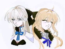  2girls aesc_(fate) aesc_(savior)_(fate) ahoge black_bow blonde_hair blue_eyes bow braid closed_eyes commentary_request dual_persona durumi_daisuki fate/grand_order fate_(series) fur_trim hair_between_eyes hair_bow half_up_braid highres korean_commentary long_hair morgan_le_fay_(fate) morgan_le_fay_(first_ascension)_(fate) multiple_girls ponytail simple_background smile very_long_hair white_background white_hair 