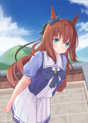  1girl amazumi animal_ears arms_behind_back blue_sky blush bow bowtie breasts brown_hair closed_mouth clouds commentary_request day ear_bow green_eyes hair_between_eyes horse_ears horse_girl leaning_forward long_hair looking_at_viewer maruzensky_(umamusume) on_rooftop outdoors pleated_skirt puffy_short_sleeves puffy_sleeves purple_bow purple_bowtie purple_shirt sailor_collar sailor_shirt school_uniform shirt short_sleeves skirt sky smile solo tracen_school_uniform umamusume white_sailor_collar white_skirt 