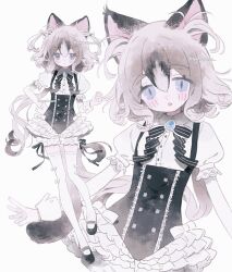  1girl animal_ears black_hair black_ribbon black_shoes blue_eyes blush brooch collared_dress dress grey_hair hair_between_eyes highres jewelry juliet_sleeves layered_skirt layered_sleeves long_sleeves looking_at_viewer mary_janes medium_hair memuro multicolored_hair multiple_views neck_ribbon original puffy_sleeves ribbon shoes simple_background skirt sleeve_cuffs tail thigh-highs twitter_username two-tone_hair two_side_up white_background white_skirt white_thighhighs 