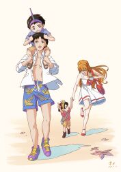  2boys 2girls absurdres aged_up bag black_hair blue_eyes blue_shorts brown_eyes carrying child commentary_request dated dress family father_and_child father_and_daughter father_and_son highres holding holding_bag ikari_shinji mother_and_child mother_and_daughter mother_and_son multiple_boys multiple_girls neon_genesis_evangelion open_clothes open_shirt orange_hair parent_and_child purple_shoes red_shoes shirt shoes shorts shoulder_carry signature sleeveless sleeveless_dress souryuu_asuka_langley standing sun_nim white_dress white_shirt 