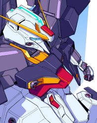  advance_of_zeta blue_eyes fins from_above gundam haze'n-thley_ii head_fins highres jackoonz looking_to_the_side mecha mecha_focus mobile_suit no_humans robot 